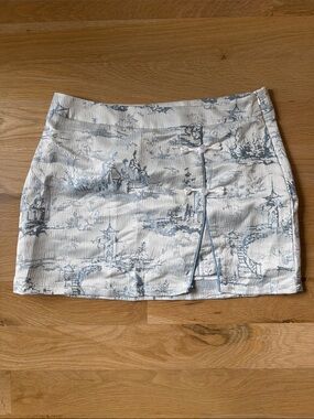 White & Blue Toile Mini Skirt with Front Knot Detail